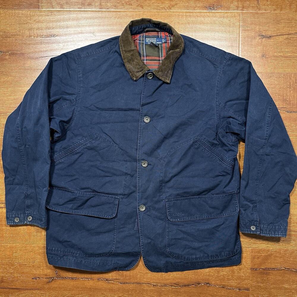 Vintage Ralph Lauren Chore Coat Mens L Blue Corduroy Collar Barn Farm VTG 90s